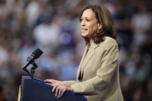 Kamala Harris speaking from a podium