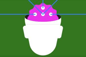 A stylized image of a brain with rays shooting out of it