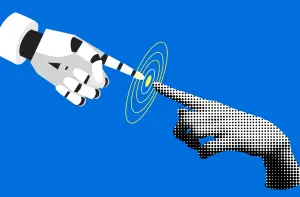 Illustration of a human and robot hand reaching out to touch pointer fingers