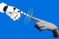 Illustration of a human and robot hand reaching out to touch pointer fingers