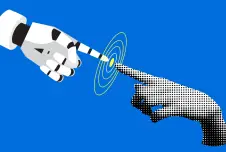 Illustration of a human and robot hand reaching out to touch pointer fingers