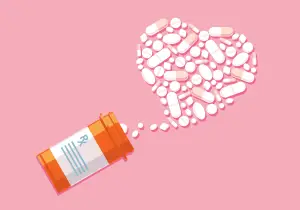Illustration of a pill jar with heart-shaped pills spilling out