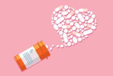 Illustration of pill jar with pills coming out in the shape of a heart