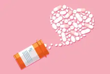 Illustration of pill jar with pills coming out in the shape of a heart