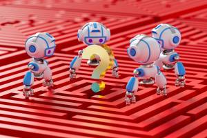 Four robots on top of a maze all looking at a question mark