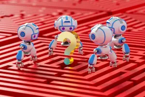 Four robots on top of a maze all looking at a question mark
