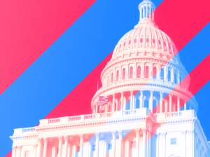 Stylized image of U.S. Capitol with red and blue stripes behind it representing political parties