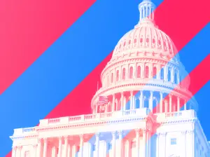 Stylized image of U.S. Capitol with red and blue stripes behind it representing political parties