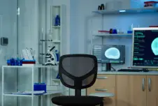 Empty chair in a neurology lab with equipment behind it
