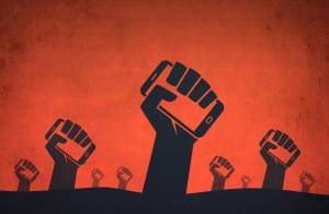 Illustration of fists raised holding smartphones