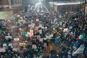 Thousands of protesters march during the ICE Out of Minnesota march in Minneapolis, on January 23, 2026.