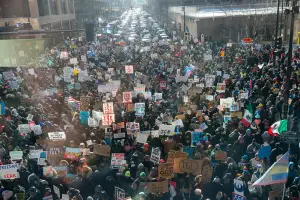 Thousands of protesters march during the ICE Out of Minnesota march in Minneapolis, on January 23, 2026.