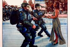 An illustration of a protestor in front of armed police