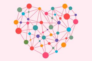 A heart shape made to look like a molecule, with different colored dots connected with lines