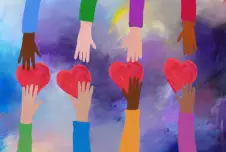 Eight arms reaching toward four hearts