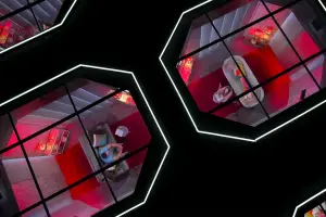 View of two rooms separated by a wall from above from the Love Is Blind set