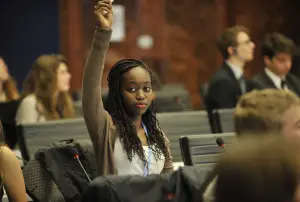 A student at a Model United Nations conference in Geneva