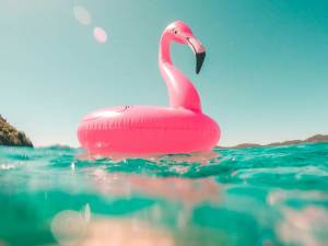 Blow-up flamingo in the ocean