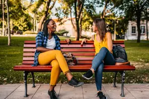 Two friends sit on a park bench talking