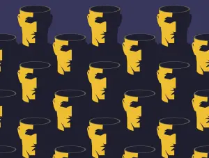 Repeating illustration of dystopian heads that are open and empty on the top