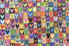 Drawing of many rows and columns of colorful hearts in boxes