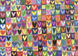 Drawing of many rows and columns of colorful hearts in boxes