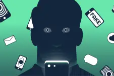 Graphic of man hypnotized by phone with smartphones and text 'Fake' behind him