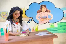 an artistic depiction of a woman sitting at a desk, writing a letter. above her head, there is a though bubble with an image of another woman holding a book, indicating that she is thinking about or expressing gratitude towards this person
